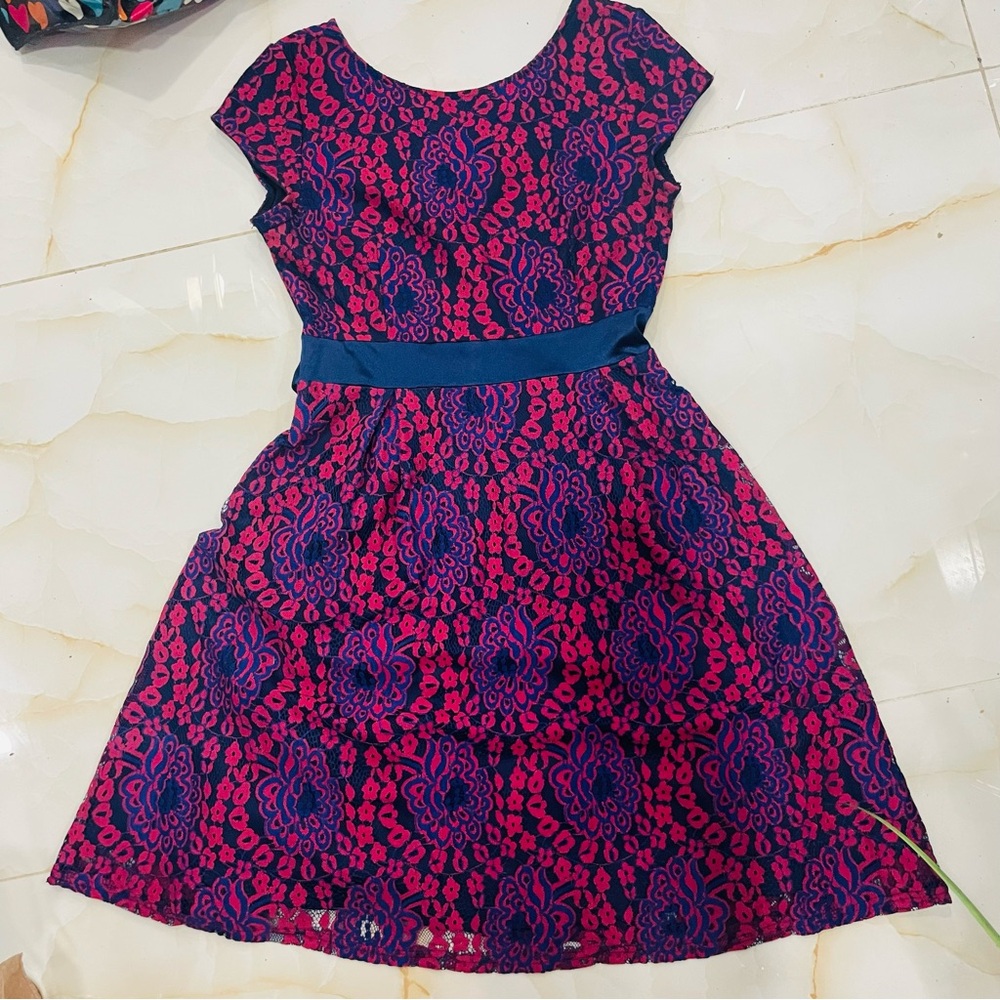Miusol Maroon and Blue Floral Lace Midi Dress Womens Size M